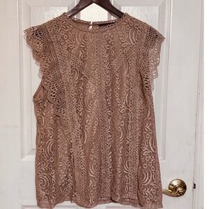 Cable & Gauge Womens XL Taupe Lace Crochet Sleeveless Blouse Flutter Sleeve Top